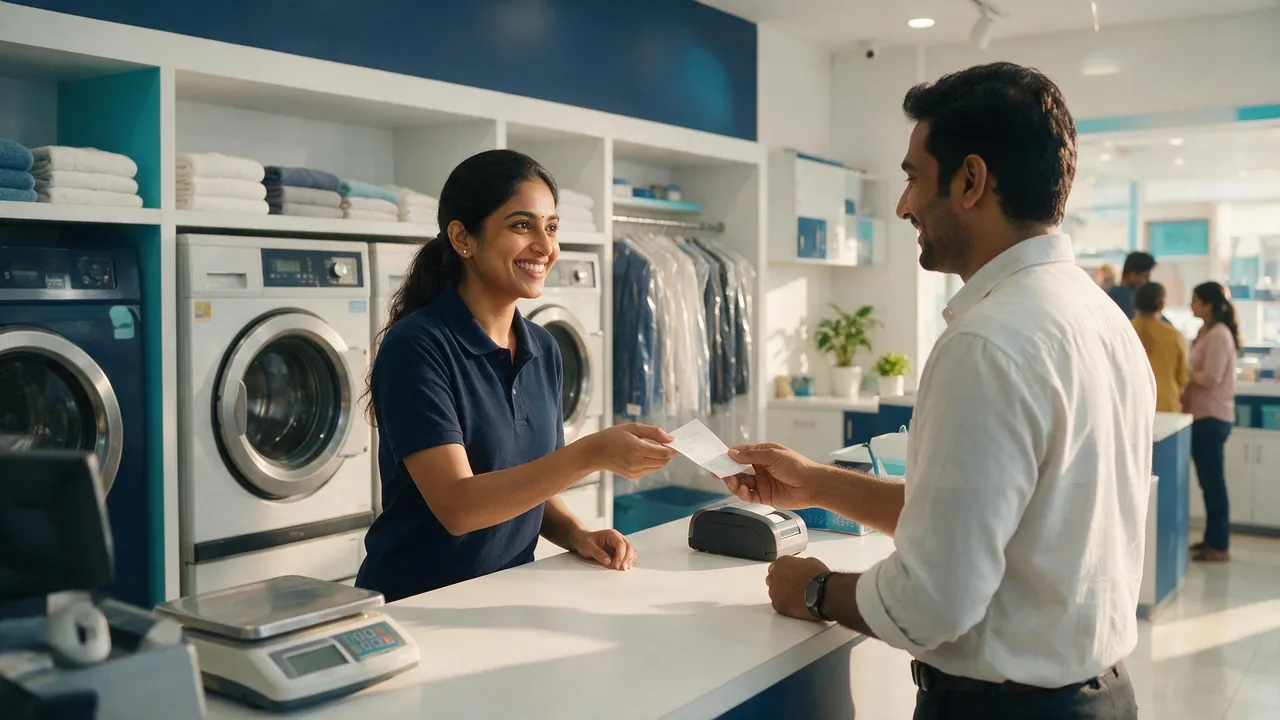 Store staff handing a receipt to a customer at the service counter
