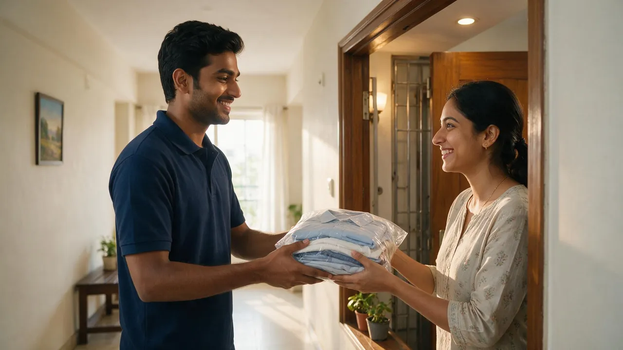 Doorstep delivery of freshly laundered clothes to a customer