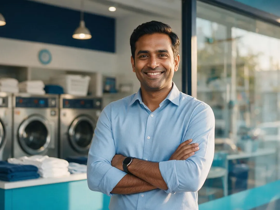 A franchise owner standing proudly outside his own laundry store