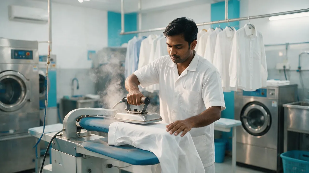 Trained staff steam-pressing a finished shirt on a professional press table