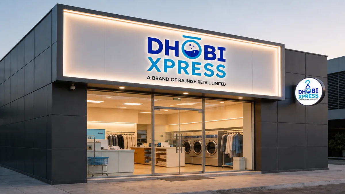 A Dhobi Xpress franchise storefront with lit signage at dusk