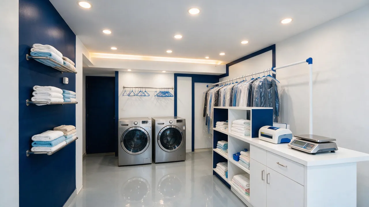 Interior of a Dhobi Xpress outlet — industrial washers, service counter and finished garments